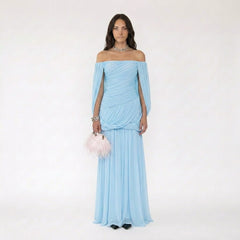 Off-the-Shoulder Ruched Gown with Draped Cape Sleeves