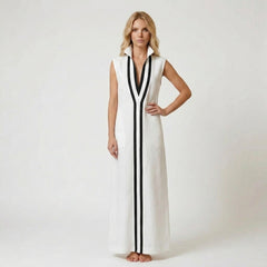Sleeveless V-Neck Maxi Dress with Contrasting Vertical Stripes