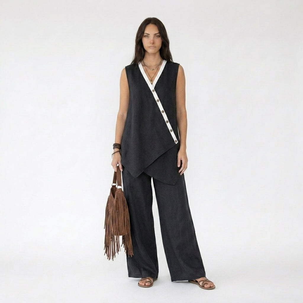 Sleeveless Asymmetric Button-Front Tunic and Wide-Leg Pants Set