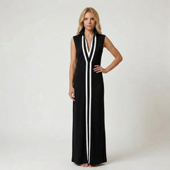 Sleeveless V-Neck Maxi Dress with Contrasting Vertical Stripes