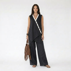 Sleeveless Asymmetric Button-Front Tunic and Wide-Leg Pants Set