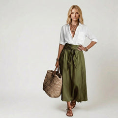 Button-Down Shirt and High-Waisted Tie-Front Maxi Skirt Set