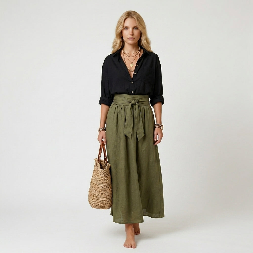 Button-Down Shirt and High-Waisted Tie-Front Maxi Skirt Set