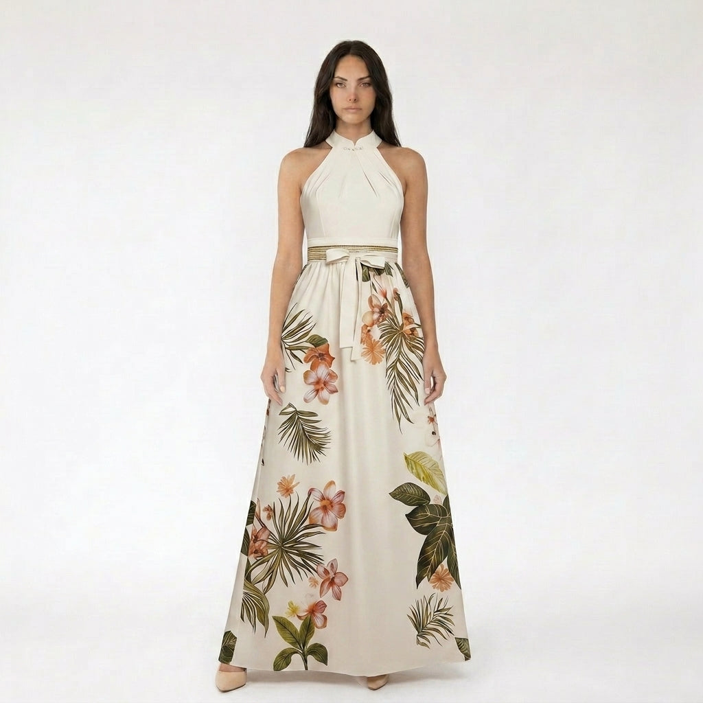 Halter Neck Tropical Floral Maxi Dress with Bow Waistband
