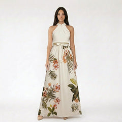 Halter Neck Tropical Floral Maxi Dress with Bow Waistband