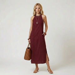 Halter Neck Maxi Dress with Vertical Lace Embroidery Trim
