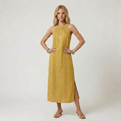 Halter Neck Maxi Dress with Vertical Lace Embroidery Trim