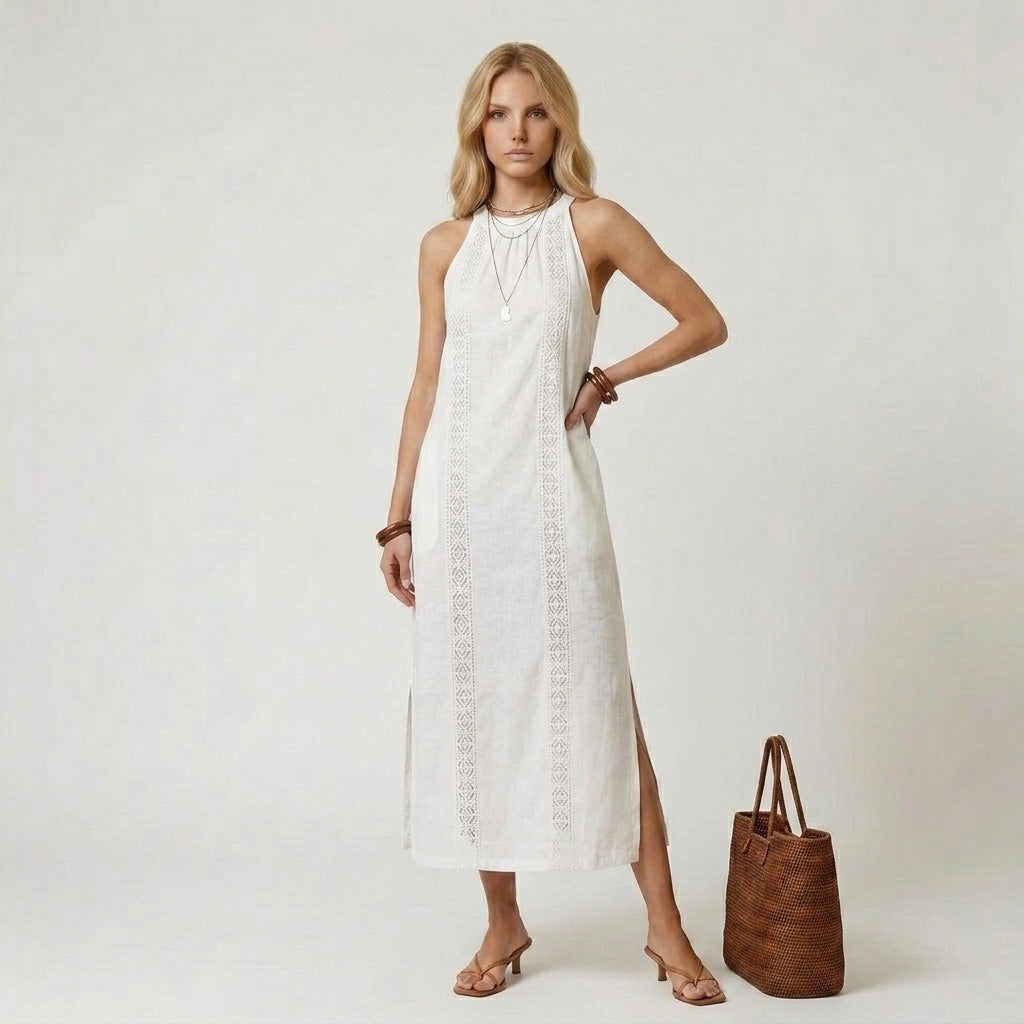 Halter Neck Maxi Dress with Vertical Lace Embroidery Trim