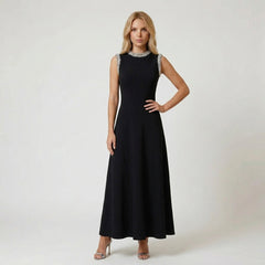 Sleeveless Maxi Dress with Faux Pearl Trimmed Neckline