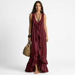 Ruffled V-Neck Sleeveless Maxi Dress with Tiered Flounce Hem