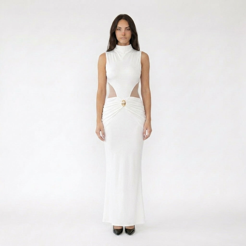 Sleeveless High-Neck Maxi Dress with Ruched Waist and Hardware Detail