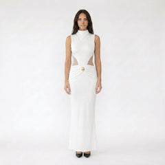 Sleeveless High-Neck Maxi Dress with Ruched Waist and Hardware Detail