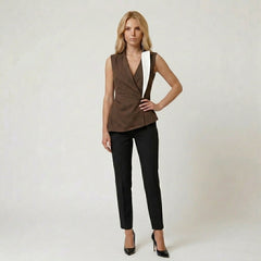 Sleeveless Asymmetric Wrap Vest with Contrast Lapel Detail