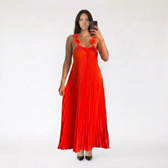 Pleated Halter Maxi Dress with Floral Strap Accents