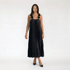 Pleated Halter Maxi Dress with Floral Strap Accents