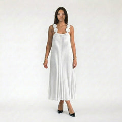 Pleated Halter Maxi Dress with Floral Strap Accents
