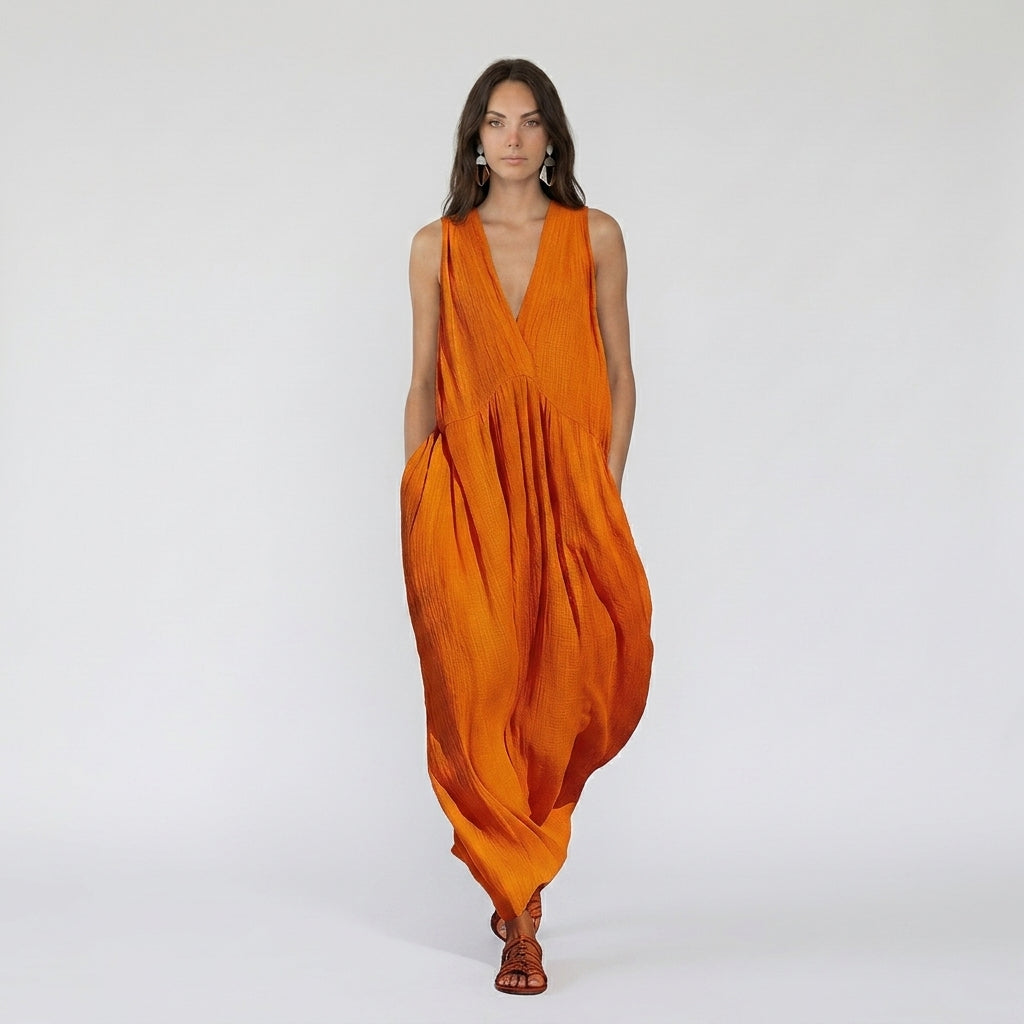 Sleeveless V-Neck Textured Gauze Oversized Dress