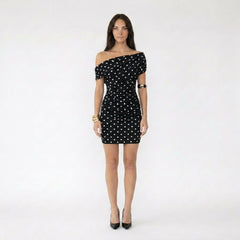 One-Shoulder Polka Dot Ruched Bodycon Mini Dress