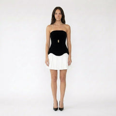 Strapless Two-Tone Pleated Hem Mini Dress