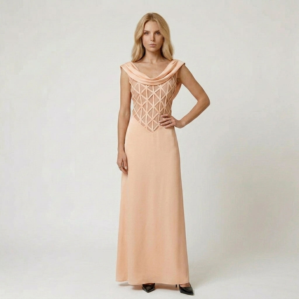 Cowl Neck Sleeveless Gown with Lattice Bodice Details