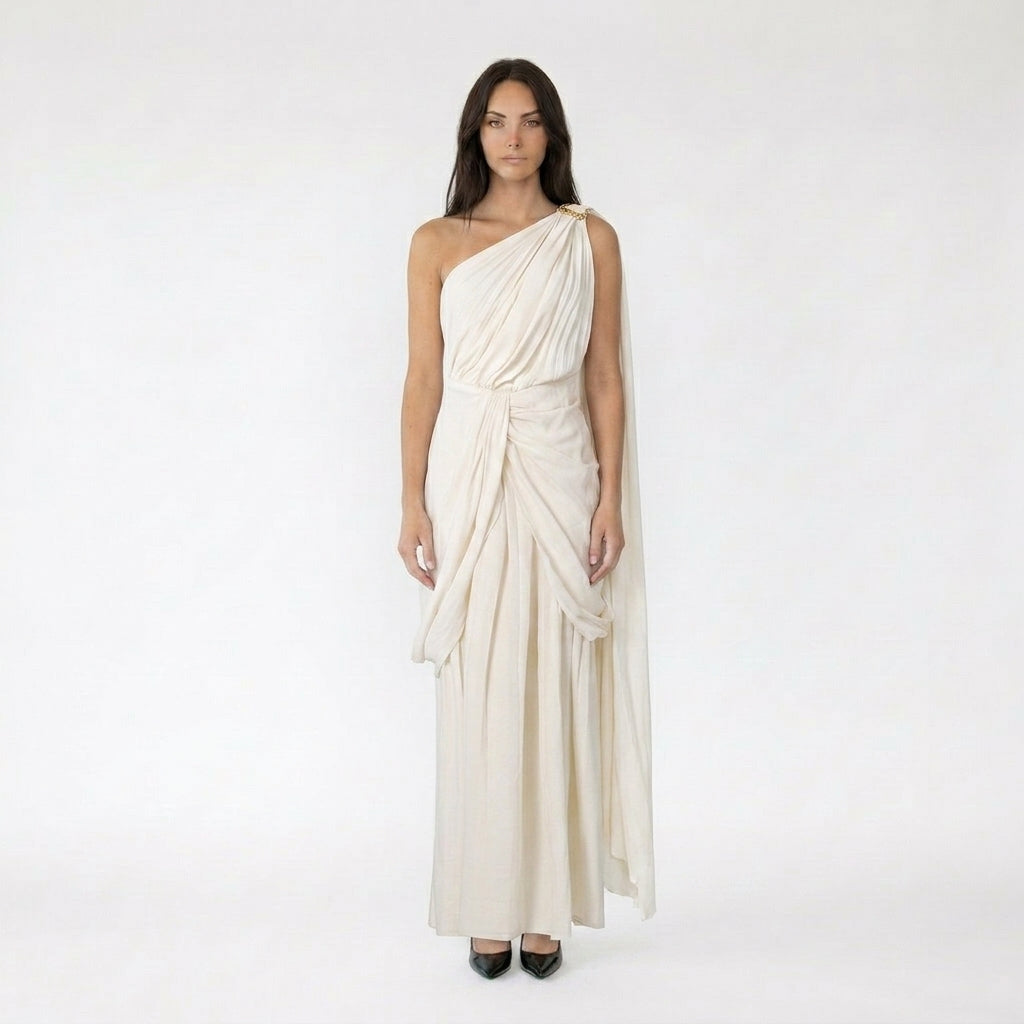 One-Shoulder Grecian Style Draped Maxi Dress