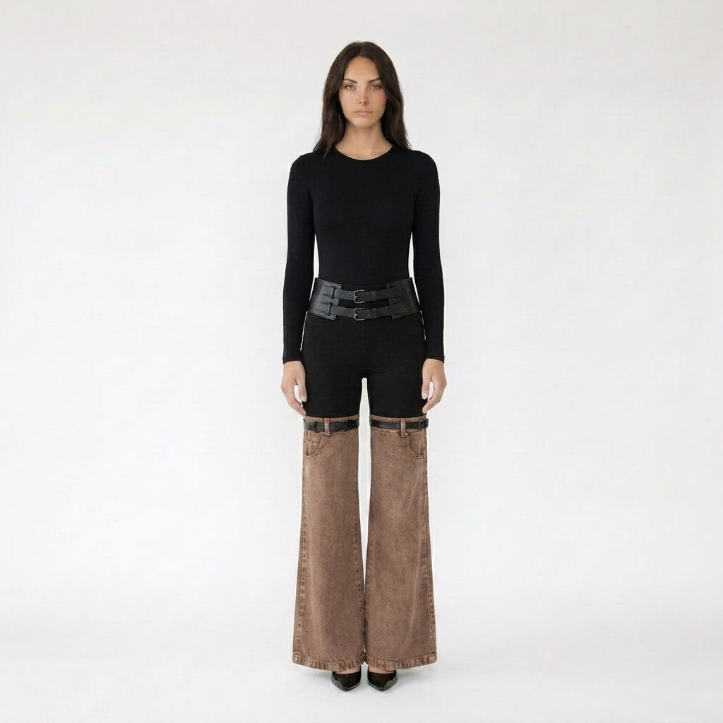 High-Waist Two-Tone Flared Trousers with Belted Thigh Detail