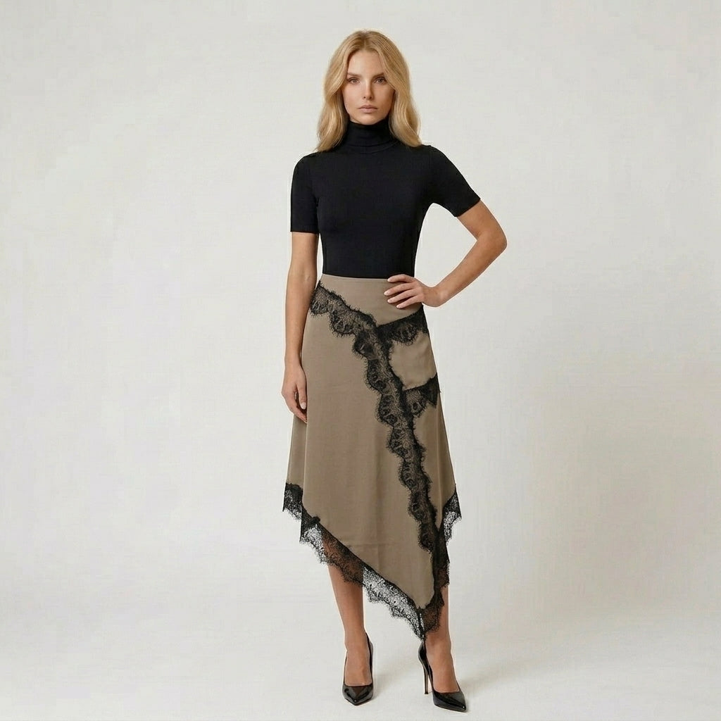 Asymmetric Midi Skirt with Scalloped Lace Insets