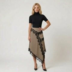 Asymmetric Midi Skirt with Scalloped Lace Insets