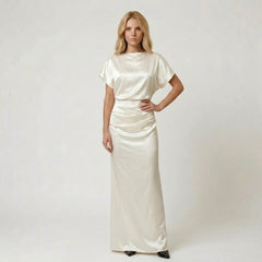 Satin Boat Neck Drape Top Ruched Maxi Dress