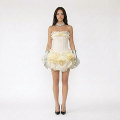Strapless Corset Mini Dress with Floral Appliqué Bubble Skirt