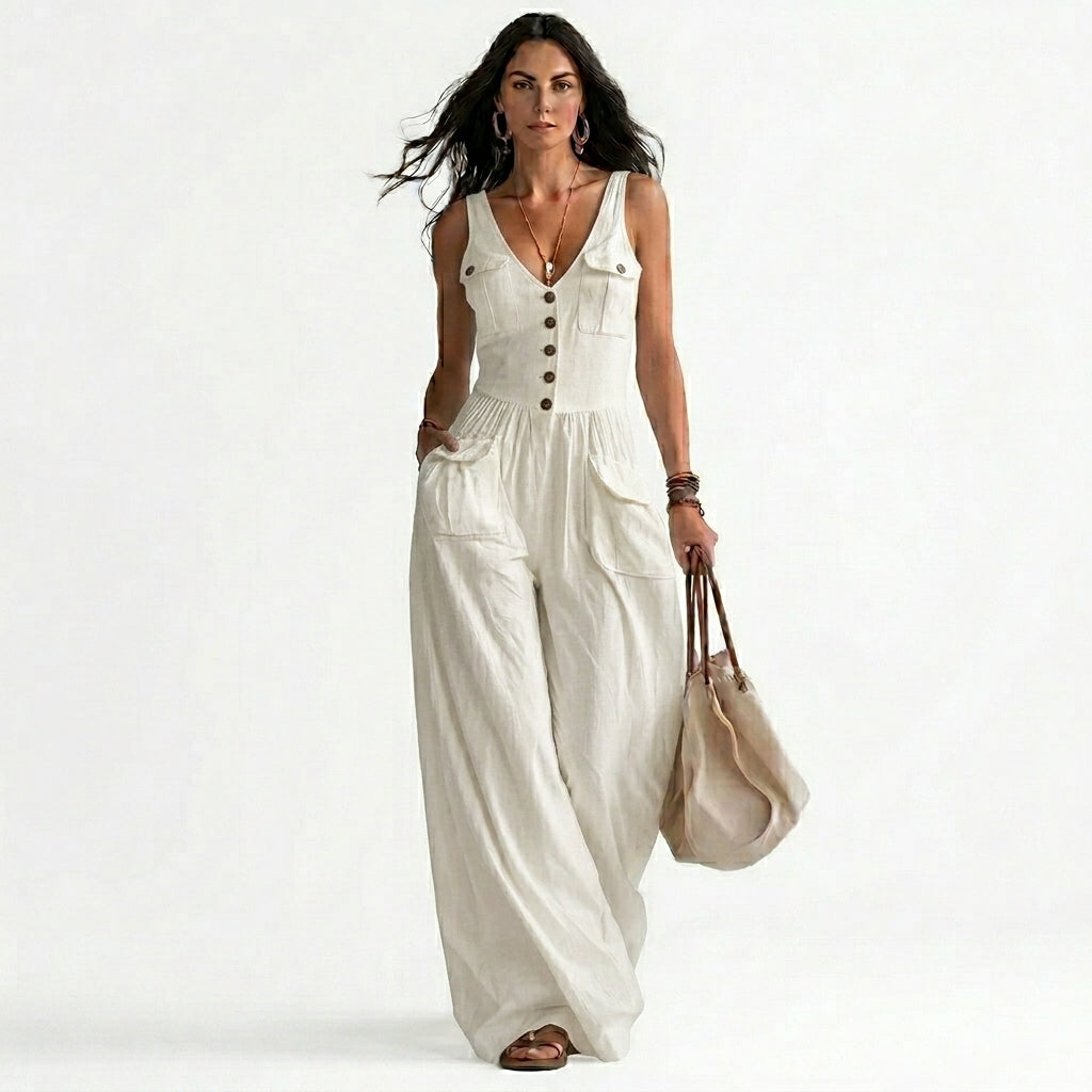 Sleeveless V-Neck Button-Front Wide Leg Jumpsuit with Pockets