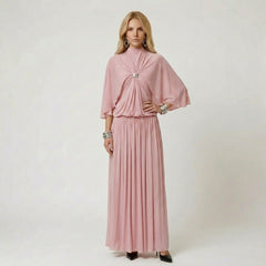 High Neck Cape Sleeve Pleated Maxi Dress with Ornament