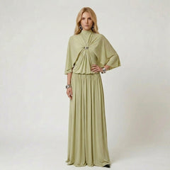High Neck Cape Sleeve Pleated Maxi Dress with Ornament