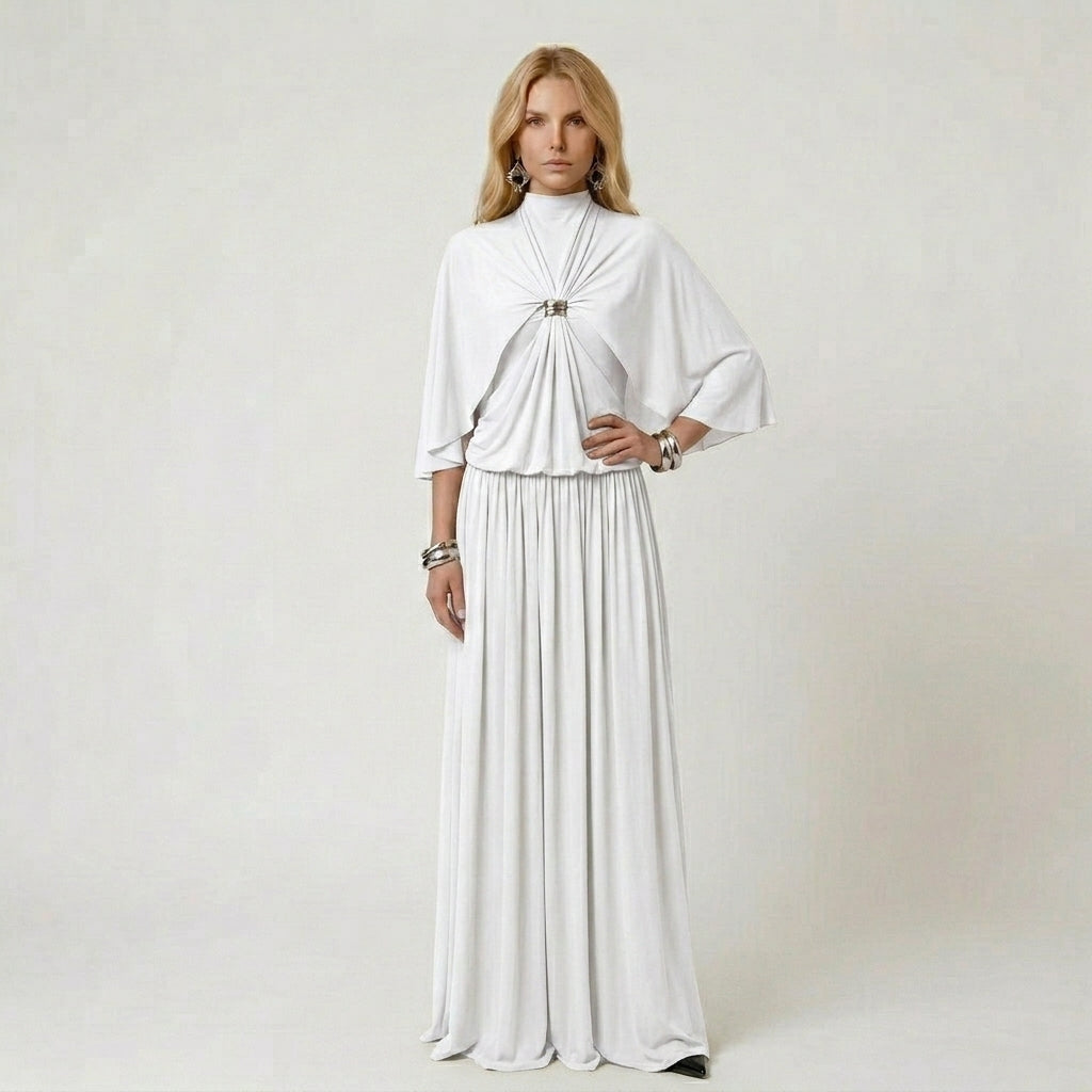 High Neck Cape Sleeve Pleated Maxi Dress with Ornament