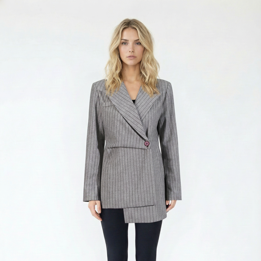 Grey Asymmetrical Pinstripe Blazer