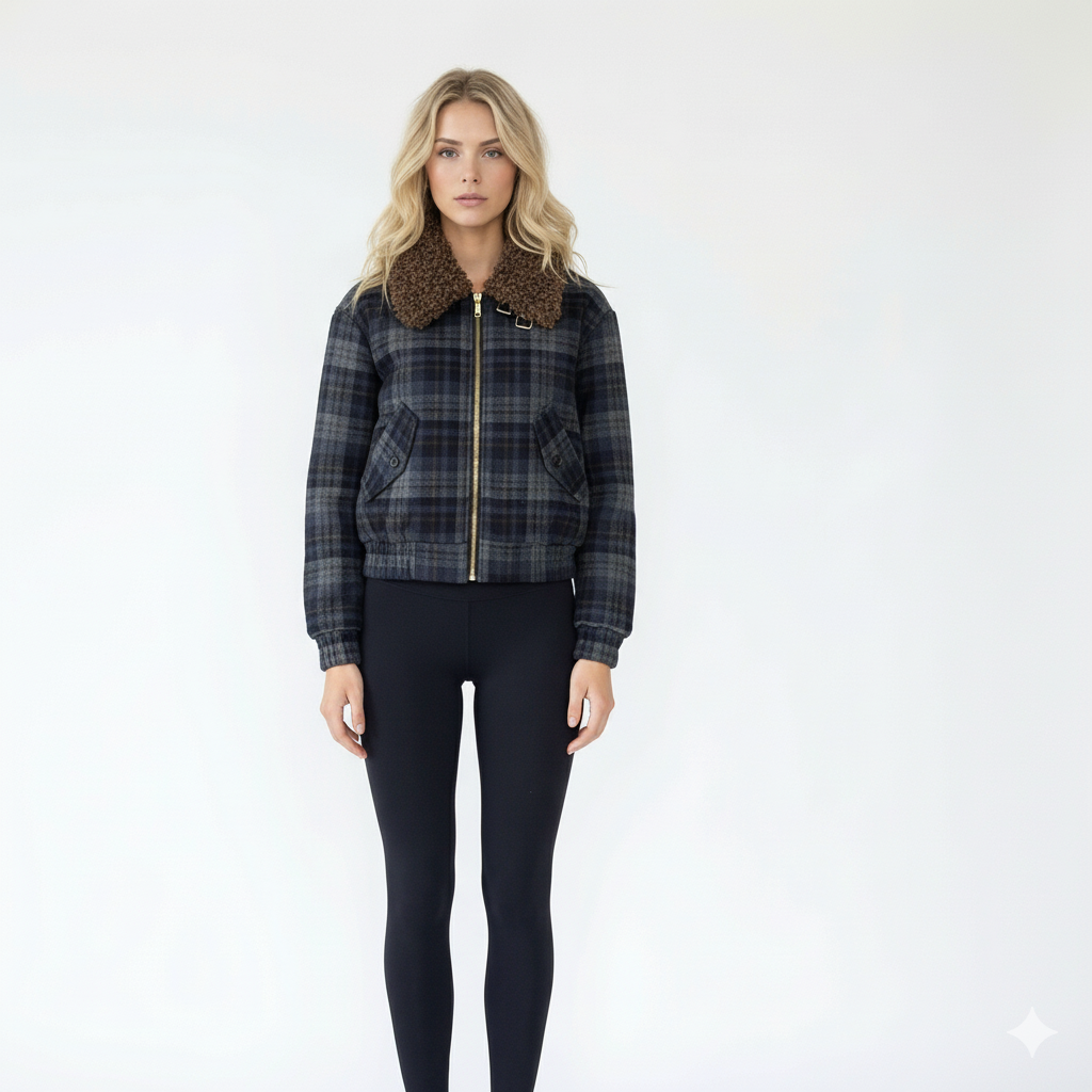 Plaid Wool Bomber Jacket with Cozy Shearling Collar
