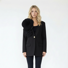 Single-Breasted Blazer with Large Ruffled Floral Applique