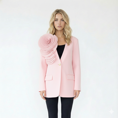 Single-Breasted Blazer with Large Ruffled Floral Applique