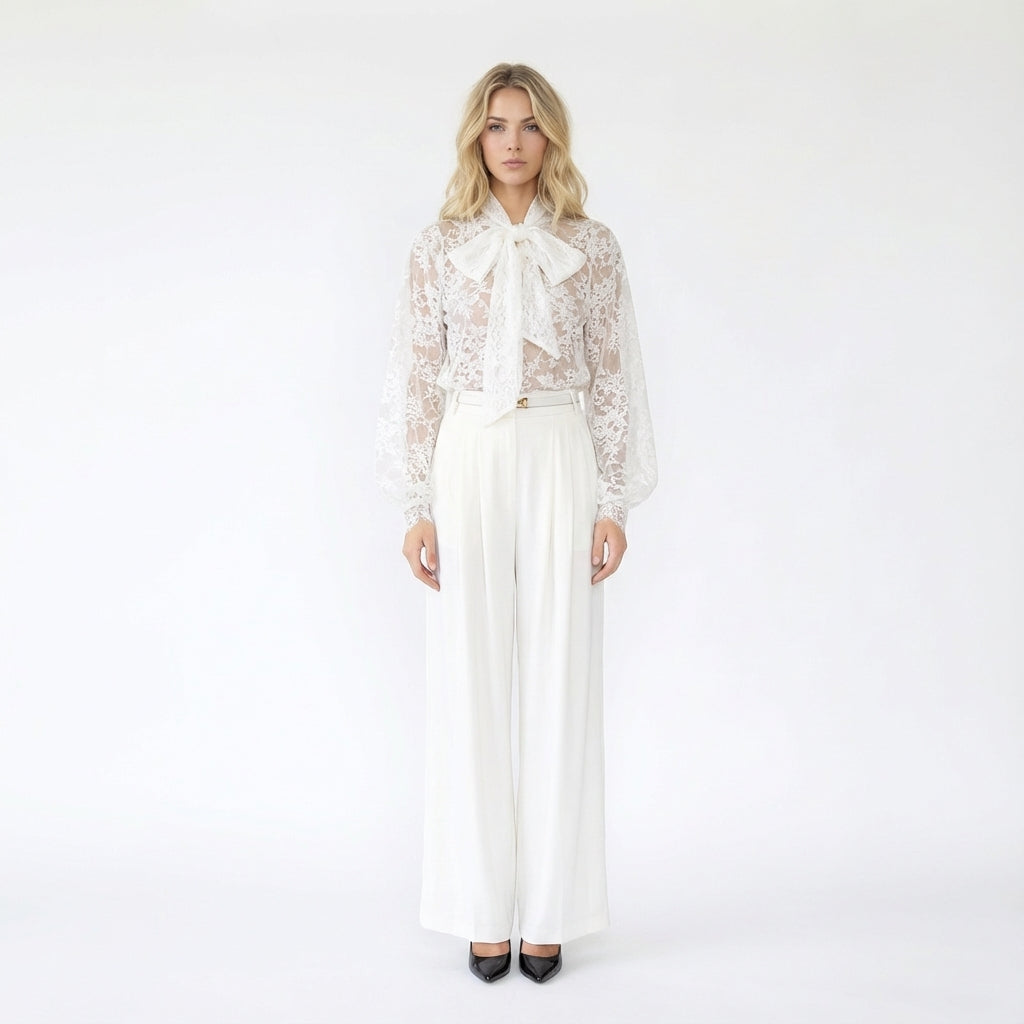 Lace Bow-Tie Blouse and Wide-Leg Pleated Pants Set