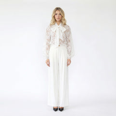 Lace Bow-Tie Blouse and Wide-Leg Pleated Pants Set