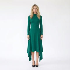 Long-Sleeve High-Neck Dress with Asymmetrical Draped Hem