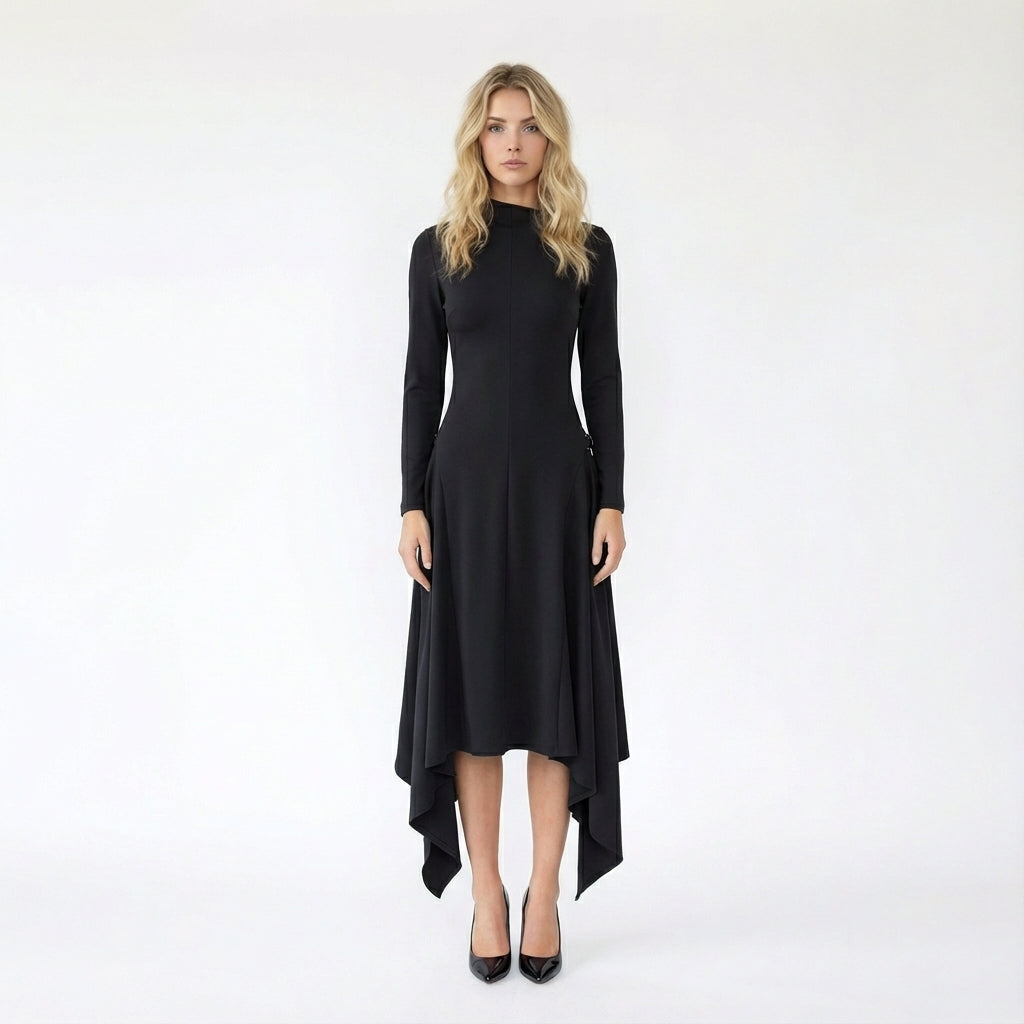 Long-Sleeve High-Neck Dress with Asymmetrical Draped Hem