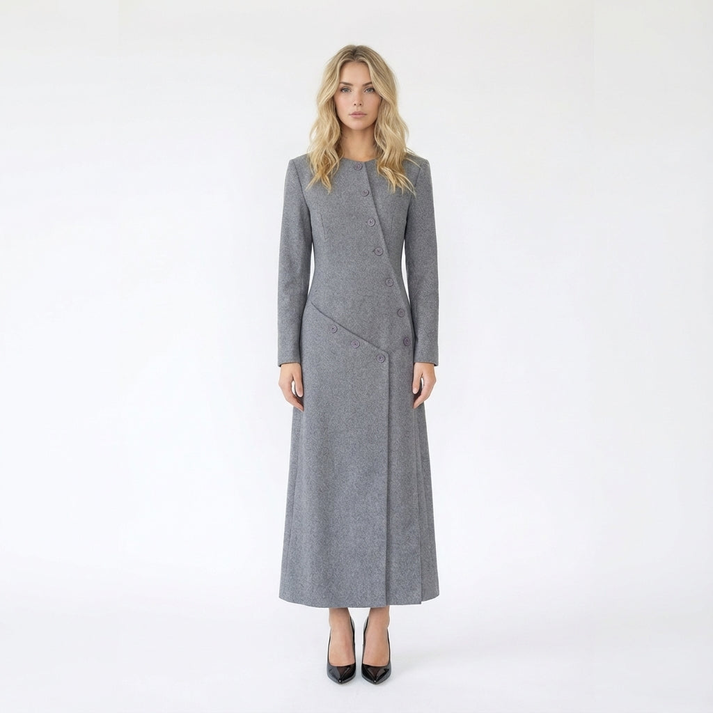 Long Collarless Coat with Asymmetric Buttons