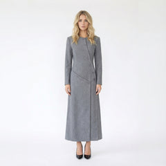 Long Collarless Coat with Asymmetric Buttons