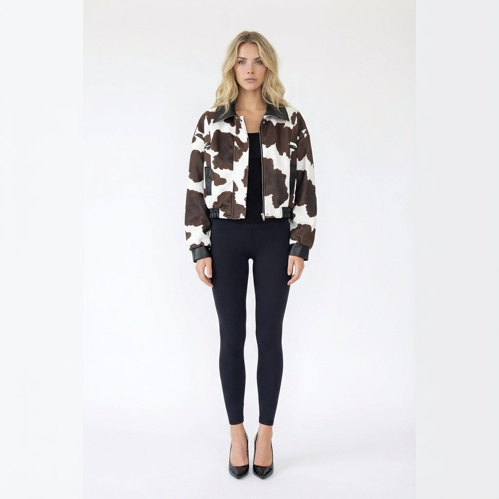 Textured Pattern Bomber Jacket with Faux Leather Trim