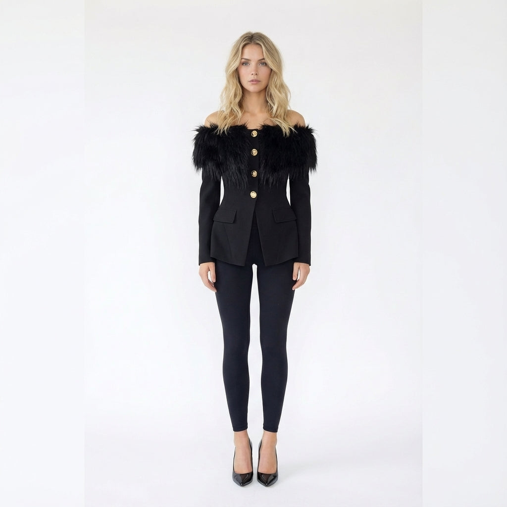 Statement Feather Trim Off-Shoulder Blazer