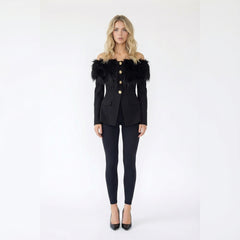 Statement Feather Trim Off-Shoulder Blazer