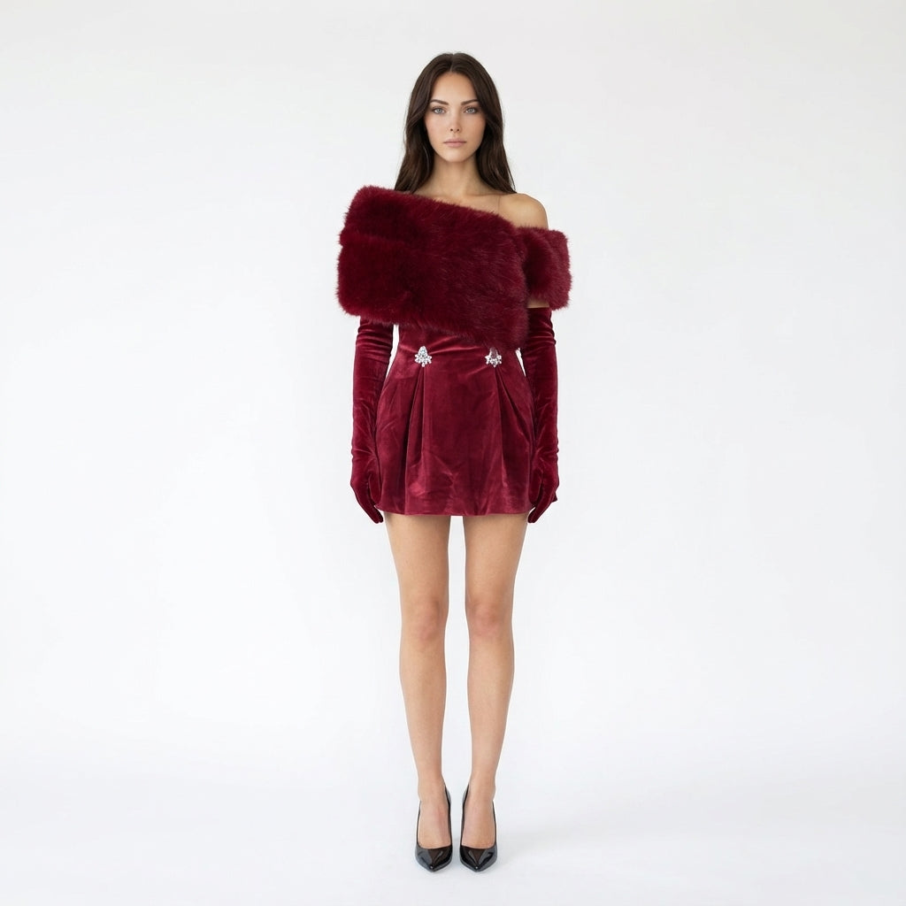 Faux Fur Off-Shoulder Velvet Mini Dress Gloves