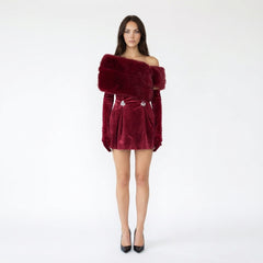 Faux Fur Off-Shoulder Velvet Mini Dress Gloves