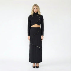 Studded High-Neck Crop Top and Maxi Skirt Set
